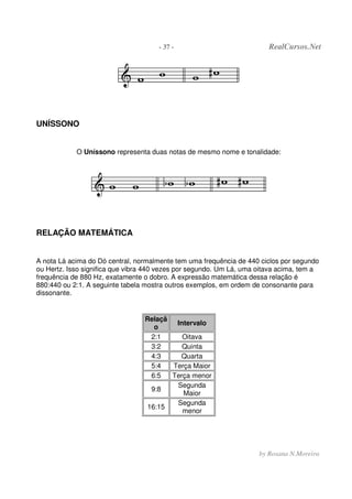 - 37 - RealCursos.Net
by Rosana N.Moreira
UNÍSSONO
O Uníssono representa duas notas de mesmo nome e tonalidade:
RELAÇÃO MATEMÁTICA
A nota Lá acima do Dó central, normalmente tem uma frequência de 440 ciclos por segundo
ou Hertz. Isso significa que vibra 440 vezes por segundo. Um Lá, uma oitava acima, tem a
frequência de 880 Hz, exatamente o dobro. A expressão matemática dessa relação é
880:440 ou 2:1. A seguinte tabela mostra outros exemplos, em ordem de consonante para
dissonante.
Relaçã
o
Intervalo
2:1 Oitava
3:2 Quinta
4:3 Quarta
5:4 Terça Maior
6:5 Terça menor
9:8
Segunda
Maior
16:15
Segunda
menor
 