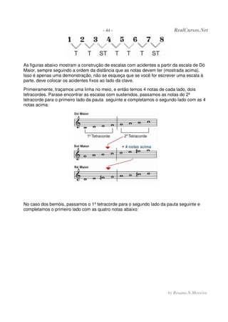 - 44 - RealCursos.Net
by Rosana N.Moreira
As figuras abaixo mostram a construção de escalas com acidentes a partir da escala de Dó
Maior, sempre seguindo a ordem da distância que as notas devem ter (mostrada acima).
Isso é apenas uma demonstração, não se esqueça que se você for escrever uma escala à
parte, deve colocar os acidentes fixos ao lado da clave.
Primeiramente, traçamos uma linha no meio, e então temos 4 notas de cada lado, dois
tetracordes. Parase encontrar as escalas com sustenidos, passamos as notas do 2º
tetracorde para o primeiro lado da pauta seguinte e completamos o segundo lado com as 4
notas acima:
No caso dos bemóis, passamos o 1º tetracorde para o segundo lado da pauta seguinte e
completamos o primeiro lado com as quatro notas abaixo:
 