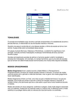 - 46 - RealCursos.Net
by Rosana N.Moreira
Grau Nome
I =
VIII
Tônica
II Supertônica
III Mediante
IV Subdominante
V Dominante
VI
Sudmediante /
Superdominante
VII Sensível
TONALIDADE
O conceito de tonalidade surgiu durante o período renascentista e foi estabelecido durante o
período Barroco, é relacionado ao uso de escalas maiores e menores.
Quando uma peça é construída em uma dessas escalas, a tônica da escala se torna o tom
central. A peça então está na tonalidade dessa escala.
Em peças musicais Barrocas, Clássicas e Românticas, o acidente fixo significava o tom
principal. Contudo,númeras modulações (mudanças momentâneas de tons) ocorriam
durante a peça.
Acordes (principalmente acordes de sétima) e harmonia ajudam a definir tonalidade e
processo de modulações. Um exemplo, é o campo harmônico, que é uma série de acordes
que se formam em determinada escala harmonizando uma música feita naquela tonalidade.
MODOS GRAGORIANOS
Modos Gregorianos foram usados durante a Idade Média e o Renascentismo.
Progressivamente, tornaram-se nossas escalas maiores e menores. O número de modos
varia de acordo com o período e visão dos teoristas, mas no geral, oito modos gregorianos
foram identificados.
Modos Gregorianos tinham um final, uma nota na qual a melodia terminava e na qual era
baseada. Sua função era similar à que tem a tônica em escalas maiores e menores. E
também tinham uma dominante que era a nota sobre a qual havia muita insistência durante
a melodia.
Modos são dividos em duas categorias: autênticos e plagais. Cada modo plagal é associado
com um autêntico. Ambos tem as mesmas notas e o mesmo final. A diferença entre o modo
autêntico e sua plagal relativa está na natureza da nota dominante e na extensão.
 