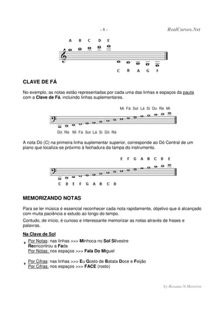 - 8 - RealCursos.Net
by Rosana N.Moreira
CLAVE DE FÁ
No exemplo, as notas estão representadas por cada uma das linhas e espaços da pauta
com a Clave de Fá, incluindo linhas suplementares.
A nota Dó (C) na primeira linha suplementar superior, corresponde ao Dó Central de um
piano que localiza-se próximo à fechadura da tampa do instrumento.
MEMORIZANDO NOTAS
Para se ler música é essencial reconhecer cada nota rapidamente, objetivo que é alcançado
com muita paciência e estudo ao longo do tempo.
Contudo, de início, é curioso e interessante memorizar as notas através de frases e
palavras.
Na Clave de Sol
Por Notas: nas linhas >>> Minhoca no Sol Silvestre
Reencontrou a Fada
Por Notas: nos espaços >>> Fala Do Miguel
Por Cifras: nas linhas >>> Eu Gosto de Batata Doce e Feijão
Por Cifras: nos espaços >>> FACE (rosto)
 