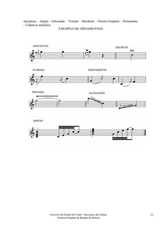 Governo do Estado do Ceará - Secretaria da Cultura
Sistema Estadual de Bandas de Música
23
Apojatura – Arpejo – Glissando – Trinado – Mordente – Floreio Grupetto – Portamento
– Cadência melódica.
EXEMPLO DE ORNAMENTOS:
 
