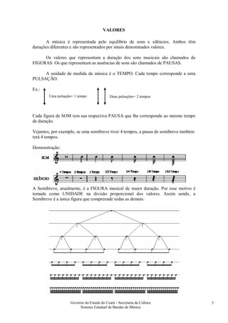 Governo do Estado do Ceará - Secretaria da Cultura
Sistema Estadual de Bandas de Música
5
VALORES
A música é representada pelo equilíbrio de sons e silêncios. Ambos têm
durações diferentes e são representados por sinais denominados valores.
Os valores que representam a duração dos sons musicais são chamados de
FIGURAS. Os que representam as ausências de sons são chamados de PAUSAS.
A unidade de medida da música é o TEMPO. Cada tempo corresponde a uma
PULSAÇÃO.
Ex.:
Cada figura de SOM tem sua respectiva PAUSA que lhe corresponde ao mesmo tempo
de duração.
Vejamos, por exemplo, se uma semibreve tiver 4 tempos, a pausa de semibreve também
terá 4 tempos.
Demonstração:
A Semibreve, atualmente, é a FIGURA musical de maior duração. Por esse motivo é
tomada como UNIDADE na divisão proporcional dos valores. Assim sendo, a
Semibreve é a única figura que compreende todas as demais:
Uma pulsação= 1 tempo Duas pulsações= 2 tempos
 