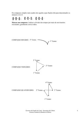 Governo do Estado do Ceará - Secretaria da Cultura
Sistema Estadual de Bandas de Música
8
Os compassos simples mais usados são aqueles cujas frações têm para denominador os
números 2,4 e 8.
Marcar um compasso é indicar a divisão dos tempos por meio de movimentos
executados, geralmente com as mãos.
COMPASSO BINÁRIO:
COMPASSO TERNÁRIO:
COMPASSO QUATERNÁRIO:
1º Tempo
2º Tempo
1º Tempo
2º Tempo
1º Tempo
2º Tempo 3º Tempo
4º Tempo
3º Tempo
 