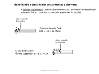 Identificando	a	Escala	Maior	pela	armadura	e	vice-versa	
• Escalas	Sustenizadas:	a	tônica	(nome	da	escala)	encontra-se	um	semitom	
acima	do	último	sustenido	da	armadura	(sensível	da	escala).
Último	sustenido:	Sol#	
Sol#	+	1	st.	=	Lá	Maior
Escala	de	Si	Maior
Último	sustenido:	Si	– 1	st.	=	Lá#
www.teoriamusical.com.br
 