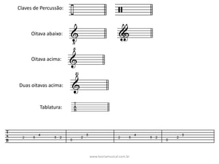 Claves	de	Percussão:
Oitava	abaixo:
Oitava	acima:
Duas	oitavas	acima:
Tablatura:
www.teoriamusical.com.br
 