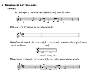 a)	Transposição	por	Tonalidade
1º)	Escrever	a	armadura	da	nova	tonalidade:
Ex.:	transpor	a	melodia	abaixo	(Dó	Maior)	para	Ré	Maior:
2º)	Definir	o	intervalo	de	transposição	comparando	a	tonalidade	original	com	a	
nova	tonalidade:
3º)	Aplica-se	o	intervalo	de	transposição	em	todas	as	notas	da	melodia:
Forma	I:
www.teoriamusical.com.br
 