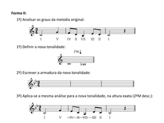 Forma	II:
1º)	Analisar	os	graus	da	melodia	original:
1º)	Definir	a	nova	tonalidade:
2º)	Escrever	a	armadura	da	nova	tonalidade:
3º)	Aplica-se	a	mesma	análise	para	a	nova	tonalidade,	na	altura	exata	(2ªM	desc.):
www.teoriamusical.com.br
 