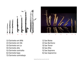 1)	Clarinete	em	Mib
2)	Clarinete	em	Sib
3)	Clarinete	em	La
4)	Clarinete	alto
5)	Clarinete	contralto
6)	Clarinete	bajo
7)	Clarinete	contrabajo
1 2 3 4 5 6 7
1)	Sax	Baixo
2)	Sax	Barítono
3)	Sax	Tenor
4)	Sax	Alto
5)	Sax	Soprano
6)	Sax	Sopranino
1 2 3 4 5 6
www.teoriamusical.com.br
 