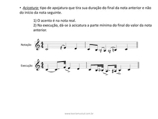 • Acicatura: tipo	de	apojatura	que	tira	sua	duração	do	final	da	nota	anterior	e	não	
do	início	da	nota	seguinte.
1)	O	acento	é	na	nota	real.
2)	Na	execução,	dá-se	à	acicatura	a	parte	mínima	do	final	do	valor	da	nota	
anterior.
Notação
Execução
www.teoriamusical.com.br
 