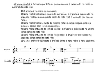 • Grupeto	medial: é	formado	por	três	ou	quatro	notas	e	é	executado	no	meio	ou	
no	final	da	nota	real.
1)	O	acento	é	no	início	da	nota	real.
2)	Nota	real	simples	(sem	ponto	de	aumento):	o	grupeto	é	executado	na	
segunda	metade	ou	na	quarta	parte	da	nota	real.	É	formado	por	quatro	
notas.
3)	Nota	real	simples	seguida	de	mesma	nota:	mesma	execução	do	real	
simples,	porém	com	três	notas	apenas.
4)	Nota	real	pontuada	de	tempo	inteiro:	o	grupeto	é	executado	na	última	
terça	parte	da	nota	real.
5)	Nota	real	pontuada	de	tempo	fracionado:	o	grupeto	é	executado	na	
segunda	terça	parte	da	nota	real.	
6)	O	sinal	gráfico	do	grupeto	é	grafado	entre	a	nota	real	e	a	nota	seguinte.
Notação
Execução
www.teoriamusical.com.br
 