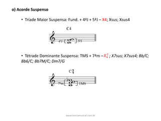 o)	Acorde	Suspenso
• Tríade	Maior	Suspensa:	Fund.	+	4ªJ	+	5ªJ	– X4;	Xsus;	Xsus4
• Tétrade	Dominante	Suspensa:	TMS	+	7ªm	– ;	X7sus;	X7sus4;	Bb/C;	
Bb6/C;	Bb7M/C;	Dm7/G
www.teoriamusical.com.br
 