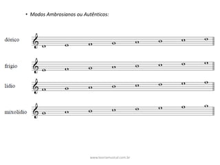 • Modos	Ambrosianos	ou	Autênticos:
www.teoriamusical.com.br
 