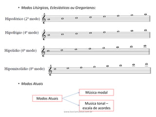 • Modos	Litúrgicos,	Eclesiásticos	ou	Gregorianos:
• Modos	Atuais
Modos	Atuais
Música	modal
Musica	tonal	–
escala	de	acordes
www.teoriamusical.com.br
 