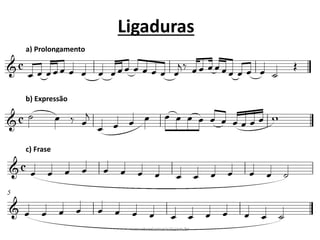 Ligaduras
a)	Prolongamento
b)	Expressão
c)	Frase
www.teoriamusical.com.br
 