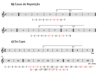 1	– 2	– 3	– 4	– 5	– 2	– 3	– 4	– 6	– 7
1	– 2	– 3	– 4	– 5	– 2	– 3	– 6	– 2	– 3	– 7	– 8	
b)	Casas	de	Repetição
c)	Da	Capo
1	– 2	– 3	– 4	– 5	– 6	– 7	– 1	– 2	– 3	– 4	– 8	– 9	– 10	– 11	– 12	– 13	– 14	– 15	– 12	– 13	– 14	–
15	– 16	– 17	– 18	– 1	– 2	– 3	– 4	– 8	– 9www.teoriamusical.com.br
 