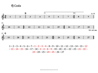 1	– 2	– 3	– 4	– 5	– 6	– 7	– 1	– 2	– 3	– 4	– 8	– 9	– 10	– 11	– 12	– 13	– 14	– 15	– 12	
– 13	– 14	– 15	– 16	– 17	– 18	– 3	– 4	– 8	– 9	– 19	– 20	– 21	– 22	– 23	– 21	– 22	–
23	– 24	– 25	– 24	– 25	– 26	– 27			
f)	Coda
www.teoriamusical.com.br
 