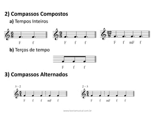 2)	Compassos	Compostos
3)	Compassos	Alternados
a)	Tempos	Inteiros
b)	Terços	de	tempo
www.teoriamusical.com.br
 