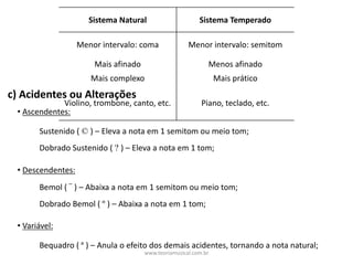 Sistema	Natural Sistema	Temperado
Menor	intervalo:	coma Menor	intervalo:	semitom
Mais afinado Menos afinado
Mais	complexo Mais	prático
Violino,	trombone,	canto,	etc. Piano,	teclado,	etc.
• Ascendentes:
• Descendentes:
• Variável:
Sustenido	(	© )	– Eleva	a	nota	em	1	semitom	ou	meio	tom;
Dobrado	Sustenido	(	? )	– Eleva	a	nota	em	1	tom;
Bemol	(	¨ )	– Abaixa	a	nota	em	1	semitom	ou	meio	tom;
Dobrado	Bemol	(	º )	– Abaixa	a	nota	em	1	tom;
Bequadro	(	ª )	– Anula	o	efeito	dos	demais	acidentes,	tornando	a	nota	natural;
c)	Acidentes	ou	Alterações
www.teoriamusical.com.br
 