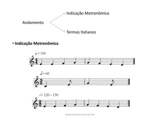 Andamento
Indicação	Metronômica
Termos	Italianos
• Indicação	Metronômica
www.teoriamusical.com.br
 