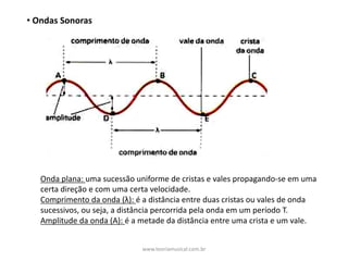 • Ondas	Sonoras
Onda	plana:	uma	sucessão	uniforme	de	cristas	e	vales	propagando-se	em	uma	
certa	direção	e	com	uma	certa	velocidade.
Comprimento	da	onda	(λ):	é	a	distância	entre	duas	cristas	ou	vales	de	onda	
sucessivos,	ou	seja,	a	distância	percorrida	pela	onda	em	um	período	T.
Amplitude	da	onda	(A):	é	a	metade	da	distância	entre	uma	crista	e	um	vale.	
www.teoriamusical.com.br
 