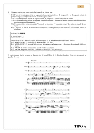 6

9.

Ainda em relação ao o trecho musical acima pode-se afirmar que:
0-0) O acorde formado pelas notas na segunda metade do primeiro tempo do compasso 5 e as da segunda metade do
primeiro tempo do compasso 7 utilizam os mesmos graus tonais.
1-1) As notas na primeira metade do segundo tempo do compasso 7 formam um acorde de 3 sons.
2-2) As notas na segunda metade do segundo tempo do compasso 7 formam um acorde que tem como fundamental a
dominante da tonalidade da peça.
3-3) Os pontos vistos sobre as notas do Violoncelo no compasso 19 aumentam o valor das notas em metade de seu
valor.
4-4) A ligadura na nota fá do Violino I nos compassos 9 e 10 significa que esta nota deve soar o tempo inteiro do
compasso.
GABARITO: FFFVF
JUSTIFICATIVAS:
0-0) VERDADEIRA. Os dois acordes utilizam os graus II, IV, VI e I da escala de Mi bemol Maior –
1-1) VERDADEIRA. O acorde é o Mi bemol Maior – Três sons.
2-2) VERDADEIRA. O acorde é Si bemol com sétima menor, a fundamental é a dominante da tonalidade Mi bemol
Maior.
3-3) FALSA. Os pontos sobre as notas não são pontos de aumento.
4-4) FALSA. A ligadura neste caso é um sinal de articulação e não prolongação.

O trecho musical abaixo pertence ao Quinteto em Si bemol Maior de N. Rimsky-Korsakov. Observe-o e responda as
questões 10 a 12.

TIPO A

 