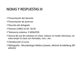 NOXAS Y RESPUESTAS III
Presentación del docente
Presentación de alumnos
Elección del delegado
Horario LUNES 15:50 -16:35
Tolerancia máxima: 5 MINUTOS
Acerca de uso de celulares en clase: colocar en modo silencioso, no
interrumpir la clase con llamadas, msn , etc.
Introducción al curso
Bibliografía : Microbiología Médica (Jawetz, Melnick & Adelberg 28ª
edición)
 
