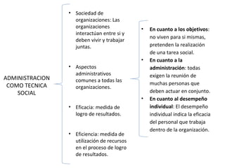   ADMINISTRACION COMO TECNICA SOCIAL Sociedad de organizaciones: Las organizaciones interactúan entre si y deben vivir y trabajar juntas. Aspectos administrativos comunes a todas las organizaciones. Eficacia: medida de logro de resultados. Eficiencia: medida de utilización de recursos en el proceso de logro de resultados. En cuanto a los objetivos : no viven para si mismas, pretenden la realización de una tarea social. En cuanto a la administración : todas exigen la reunión de muchas personas que deben actuar en conjunto. En cuanto al desempeño individual : El desempeño individual indica la eficacia del personal que trabaja dentro de la organización. 