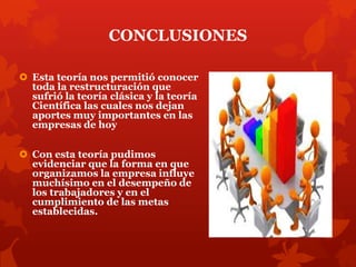 CONCLUSIONES

 Esta teoría nos permitió conocer
  toda la restructuración que
  sufrió la teoría clásica y la teoría
  Científica las cuales nos dejan
  aportes muy importantes en las
  empresas de hoy

 Con esta teoría pudimos
  evidenciar que la forma en que
  organizamos la empresa influye
  muchísimo en el desempeño de
  los trabajadores y en el
  cumplimiento de las metas
  establecidas.
 