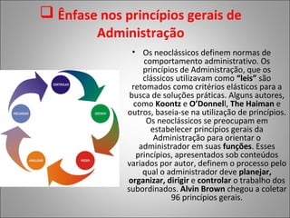 Ênfase nos princípios gerais de
         Administração
                • Os neoclássicos definem normas de
                   comportamento administrativo. Os
                   princípios de Administração, que os
                   clássicos utilizavam como “leis” são
                retomados como critérios elásticos para a
               busca de soluções práticas. Alguns autores,
                como Koontz e O’Donnell, The Haiman e
              outros, baseia-se na utilização de princípios.
                    Os neoclássicos se preocupam em
                     estabelecer princípios gerais da
                      Administração para orientar o
                  administrador em suas funções. Esses
                 princípios, apresentados sob conteúdos
              variados por autor, definem o processo pelo
                   qual o administrador deve planejar,
              organizar, dirigir e controlar o trabalho dos
              subordinados. Alvin Brown chegou a coletar
                           96 princípios gerais.
 
