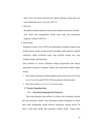 34
audio visual, dan laporan dokumen) dan laporan deskripsi sebuah kasus dan
kasus berdasarkan situasi (Creswell, 2007,73)
3. Observasi
Merupakan sebuah pengamatan yang meliputi kegiatan pemantauan terhadap
suatu obyek yang menggunakan seluruh panca indra atau pengamatan
langsung. Arikunto (1998:146)
4. Studi Pustaka
Selanjutnya menurut Nazir (1998) studi kepustakaan merupakan langkah yang
penting dimana setelah seorang peneliti menetapkan topik penelitian, langkah
selanjutnya adalah melakukan kajian yang berkaitan dengan teori yang
berkaitan dengan topik penelitian
Pada penelitian ini penulis melakukan tahapan pengumpulan data dengan
pengamatan langsung di lapangan. Adapun data yang diamati adalah sebagai
berikut :
1. Data jumlah kedatangan nasabah pegambil dana pensiun interval 30 menit
(arrival rate) dari pukul 07.00-13.00 yaitu pada jam sibuk pelayanan.
2. Data waktu layanan server (service time) per orang.
3.7 Metode Pengolahan Data
3.7.1 Tabel Data Kedatangan dan Pelayanan
Data yang digunakan pada aplikasi ini meliputi data kedatangan nasabah
dan data pelayanan nasabah. Data kedatangan nasabah dituangkan ke dalam
tabel untuk mendapatkan jumlah frekuensi kedatangan nasabah interval 30
menit. Yang kedua adalah data pelayanan nasabah diolah dengan tabel
 