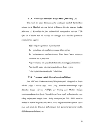 36
3.7.3 Perhitungan Parameter dengan POM-QM Waiting Line
Dari hasil tes akan ditemukan pola kedatangan nasabah berdistribusi
poisson serta diketahui rata-rata tingkat kedatangan (λ) dan rata-rata tingkat
pelayanan (µ). Kemudian dari data tersbut diolah menggunakan software POM-
QM for Windows Ver 3.0 waiting line sehingga akan diketahui parameter-
parameter lain seperti :
( ) : Tingkat kegunanaan bagian layanan
Lq : jumlah rata-rata nasabah menunggu dalam antrian
Ls : jumlah rata-rata nasabah menungu dalam sistem (waktu menunggu
ditambah waktu pelayanan.
Wq : waktu rata-rata yang dihabiskan untuk menunggu dalam antrian
Ws : jumlah waktu rata-rata yang dihabiskan dalam system
Tabel probabilitas dan Graphic Probabilitas.
3.7.4 Penerapan Metode Single Channel-Multi Phase
Saat ini Kantor Pos kantor cabang Sisingamangaraja menggunakan sistem
antrian Single Channel-Single Phase yang parameter-parameternya dapat
diketahui dengan software POM-QM for Waiting Line Module. Dengan
menggunanakan sistem Single Channel-Single Phase, masih terdapat antrian yang
cukup panjang saat tanggal 4 dan 5 setiap bulan pada jam 7.00 - 13.00 untuk itu
diterapkan metode Single Channel Multi Phase dengan menambah jumlah server
pada saat ramai dan dilakukan perbandingan hasil parameter-parameter setelah
dilakukan penambahan server
 