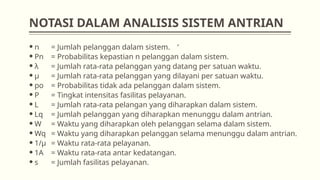 NOTASI DALAM ANALISIS SISTEM ANTRIAN
 n = Jumlah pelanggan dalam sistem. ‘
 Pn = Probabilitas kepastian n pelanggan dalam sistem.
 λ = Jumlah rata-rata pelanggan yang datang per satuan waktu.
 µ = Jumlah rata-rata pelanggan yang dilayani per satuan waktu.
 po = Probabilitas tidak ada pelanggan dalam sistem.
 P = Tingkat intensitas fasilitas pelayanan.
 L = Jumlah rata-rata pelangan yang diharapkan dalam sistem.
 Lq = Jumlah pelanggan yang diharapkan menunggu dalam antrian.
 W = Waktu yang diharapkan oleh pelanggan selama dalam sistem.
 Wq = Waktu yang diharapkan pelanggan selama menunggu dalam antrian.
 1/µ = Waktu rata-rata pelayanan.
 1A = Waktu rata-rata antar kedatangan.
 s = Jumlah fasilitas pelayanan.
 