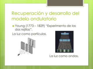 Recuperación y desarrollo del 
modelo ondulatorio 
 Young (1773 – 1829) “Experimento de las 
dos rejillas”. 
La luz como partículas. 
La luz como ondas. 
 