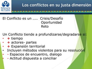 Los conflictos en su justa dimensión
El Conflicto es un ….. Crisis/Desafío
Oportunidad
Reto
Un Conflicto tiende a profundizarse/degradarse si:
• + tiempo
• + actores- partes
• + Expansión territorial
• Incluyen métodos violentos para su resolución
• - Espacios de encuentro, dialogo
• - Actitud dispuesta a conciliar
 