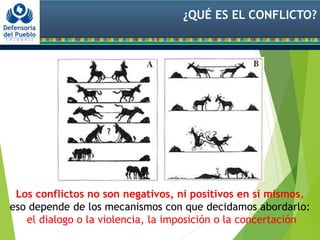 Los conflictos no son negativos, ni positivos en si mismos,
eso depende de los mecanismos con que decidamos abordarlo:
el dialogo o la violencia, la imposición o la concertación
¿QUÉ ES EL CONFLICTO?
 