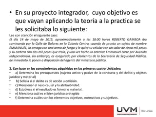 • En su proyecto integrador, cuyo objetivo es
que vayan aplicando la teoría a la practica se
les solicitaba lo siguiente:
Lee con atención el siguiente caso:
El día 14 de mayo de 2015, aproximadamente a las 18:00 horas ROBERTO GAMBOA iba
caminando por la Calle de Dolores en la Colonia Centro, cuando de pronto un sujeto de nombre
EMMANUEL, lo amaga con una arma de fuego y le quita su celular con un valor de cinco mil pesos
y su cartera con dos mil pesos que traía, y una vez hecho lo anterior Emmanuel corre por Avenida
Independencia, sin embargo, es asegurado por elementos de la Secretaría de Seguridad Pública,
de inmediato lo ponen a disposición del agente del ministerio público.
2. Con base en los conocimientos adquiridos en las primeras cuatro Unidades:
• a) Determina los presupuestos (sujetos activo y pasivo de la conducta y del delito y objetos
jurídico y material)
• b) Señala si el delito es de acción u omisión.
• c) Mencionar el nexo causal y la atribuibilidad.
• d) Establece si el resultado es formal o material.
• e) Menciona cuál es el bien jurídico protegido
• f) Determina cuáles son los elementos objetivos, normativos y subjetivos.
 