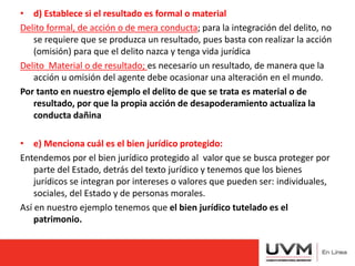 • d) Establece si el resultado es formal o material
Delito formal, de acción o de mera conducta; para la integración del delito, no
se requiere que se produzca un resultado, pues basta con realizar la acción
(omisión) para que el delito nazca y tenga vida jurídica
Delito Material o de resultado; es necesario un resultado, de manera que la
acción u omisión del agente debe ocasionar una alteración en el mundo.
Por tanto en nuestro ejemplo el delito de que se trata es material o de
resultado, por que la propia acción de desapoderamiento actualiza la
conducta dañina
• e) Menciona cuál es el bien jurídico protegido:
Entendemos por el bien jurídico protegido al valor que se busca proteger por
parte del Estado, detrás del texto jurídico y tenemos que los bienes
jurídicos se integran por intereses o valores que pueden ser: individuales,
sociales, del Estado y de personas morales.
Así en nuestro ejemplo tenemos que el bien jurídico tutelado es el
patrimonio.
 