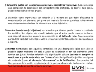 f) Determina cuáles son los elementos objetivos, normativos y subjetivos (Los elementos
que componen la descripción del comportamiento prohibido, es decir el tipo penal,
pueden clasificarse en tres grupos.
La distinción tiene importancia con relación a la manera en que debe efectuarse la
comprobación del elemento por parte del juez y la forma en que debe haber tenido
conocimiento de cada clase de elementos el autor del delito.
Elementos descriptivos (u objetivos): son aquellos que el autor puede conocer a través de
los sentidos. Son objetos del mundo exterior que el autor puede conocer sin hacer
una especial valoración, como la cosa mueble en el delito de robo. Son elementos
puros de la tipicidad y de ellos se vale la ley para describir las conductas que conducen
a la pena.
Elementos normativos: son aquellos contenidos en una descripción típica que sólo se
pueden captar mediante un acto o juicio de valoración o dan los elementos para
formar ese juicio. Pueden referirse a la significación cultural (cuando el estupro se
condiciona a que la mujer deba ser "honesta") o a la significación jurídica de alguna
circunstancia (como el elemento "documento" en la falsificación). Son propios del
tipo, pero no de la acción propiamente dicha, porque el autor del hecho no las realiza.
Son independientes de la conducta delictiva,
 