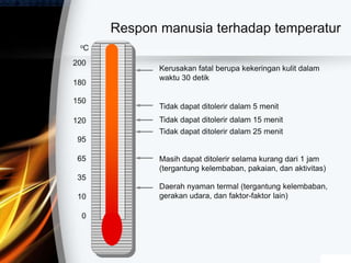 Kerusakan fatal berupa kekeringan kulit dalam
waktu 30 detik
Tidak dapat ditolerir dalam 5 menit
Tidak dapat ditolerir dalam 15 menit
Tidak dapat ditolerir dalam 25 menit
Masih dapat ditolerir selama kurang dari 1 jam
(tergantung kelembaban, pakaian, dan aktivitas)
Daerah nyaman termal (tergantung kelembaban,
gerakan udara, dan faktor-faktor lain)
0
10
35
65
95
120
150
180
200
oC
Respon manusia terhadap temperatur
 