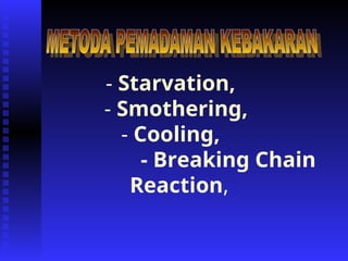 - Starvation,
- Smothering,
- Cooling,
- Breaking Chain
Reaction,
 