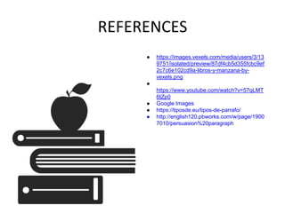 REFERENCES
● https://images.vexels.com/media/users/3/13
9751/isolated/preview/87df4cb5d355fcbc9ef
2c7c6e102cd9a-libros-y-manzana-by-
vexels.png
●
https://www.youtube.com/watch?v=57qLMT
6tZp0
● Google Images
● https://tiposde.eu/tipos-de-parrafo/
● http://english120.pbworks.com/w/page/1900
7010/persuasion%20paragraph
 