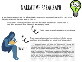 NARRATIVE PARAGRAPH
A narrative paragraph is one that tells a story in consequence, sequential order and / or chronology.
Something happens first, then second, third, etc.
Because the narrative paragraphs appear in the fiction, they allow the writer to have a
little more freedom to write the story in the style they prefer.
This is known as artistic freedom or artistic license.
These paragraphs are used more distinctly in fiction but are
also found when describing any sequence of actual activity.
EXAMPLE
 