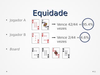 EquidadeEquidade
• Jogador A
• Jogador B
• Board
Vence 42/44 = 95.4%
vezes
Vence 2/44 = 4.6%
vezes
11
 