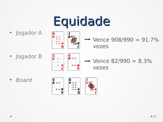 EquidadeEquidade
• Jogador A
• Jogador B
• Board
Vence 908/990 = 91.7%
vezes
Vence 82/990 = 8.3%
vezes
12
 