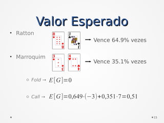 Valor EsperadoValor Esperado
• Ratton
• Marroquim
o Fold →
o Call →
Vence 64.9% vezes
Vence 35.1% vezes
15
E[G]=0
E[G]=0,649⋅(−3)+0,351⋅7=0,51
 