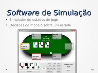 SoftwareSoftware de Simulaçãode Simulação
• Simulador de estados de jogo
• Decisões do modelo sobre um estado
26
 