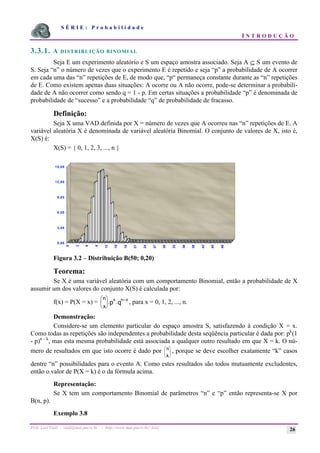S É R I E : P r o b a b i l i d a d e
I N T R O D U Ç Ã O
Prof. Lorí Viali - viali@mat.pucrs.br - http://www.mat.pucrs.br/~lori/ 26
3.3.1. A DISTRIBUIÇÃO BINOMIAL
Seja E um experimento aleatório e S um espaço amostra associado. Seja A ⊆ S um evento de
S. Seja “n” o número de vezes que o experimento E é repetido e seja “p” a probabilidade de A ocorrer
em cada uma das “n” repetições de E, de modo que, “p“ permaneça constante durante as “n” repetições
de E. Como existem apenas duas situações: A ocorre ou A não ocorre, pode-se determinar a probabili-
dade de A não ocorrer como sendo q = 1 - p. Em certas situações a probabilidade “p” é denominada de
probabilidade de “sucesso” e a probabilidade “q” de probabilidade de fracasso.
Definição:
Seja X uma VAD definida por X = número de vezes que A ocorreu nas “n” repetições de E. A
variável aleatória X é denominada de variável aleatória Binomial. O conjunto de valores de X, isto é,
X(S) é:
X(S) = { 0, 1, 2, 3, ..., n }
Figura 3.2 – Distribuição B(50; 0,20)
Teorema:
Se X é uma variável aleatória com um comportamento Binomial, então a probabilidade de X
assumir um dos valores do conjunto X(S) é calculada por:
f(x) = P(X = x) =
n
x
x n x
p q
æ
è
ç
ö
ø
÷
−
. . , para x = 0, 1, 2, ..., n.
Demonstração:
Considere-se um elemento particular do espaço amostra S, satisfazendo à condição X = x.
Como todas as repetições são independentes a probabilidade desta seqüência particular é dada por: pk
(1
- p)n - k
, mas esta mesma probabilidade está associada a qualquer outro resultado em que X = k. O nú-
mero de resultados em que isto ocorre é dado por n
k
æ
è
ç
ö
ø
÷ , porque se deve escolher exatamente “k” casos
dentre “n” possibilidades para o evento A. Como estes resultados são todos mutuamente excludentes,
então o valor de P(X = k) é o da fórmula acima.
Representação:
Se X tem um comportamento Binomial de parâmetros “n” e “p” então representa-se X por
B(n, p).
Exemplo 3.8
0,00
3,00
6,00
9,00
12,00
15,00
0
3
6
9
12
15
18
21
24
27
30
33
36
39
42
45
48
 