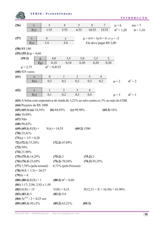 S É R I E : P r o b a b i l i d a d e
I N T R O D U Ç Ã O
Prof. Lorí Viali - viali@mat.pucrs.br - http://www.mat.pucrs.br/~lori/ 56
(56) x 3 4 5 6 7 µ = 6 mo = 7
f(x) 1/35 3/35 6/35 10/35 15/35 σ2
= 1,20 σ = 1,10
(57) x 6 y µ = 6/4 + 3y/4 = 0 Þ y = -2
f(x) 1/4 3/4 Ele deve pagar R$ 2,00
(58) R$ 140
(59) (59.1) µ = 4,60
(59.2) g 4,0 3,5 3,0 2,5 2
f(g) 0,10 0,10 0,30 0,20 0,30
µ = 2,75 σ2
= 0,4125
(60) 925 vezes.
(61) x 0 1 2 3 4
f(x) 0,2 0,2 0,2 0,2 0,2 µ = 2 σ2
= 2
(62) x 1 2 3 4
f(x) 0,1 0,2 0,3 0,4 µ = 3 σ2
= 1
(63) A bolsa com expectativa de renda de 3,21% ao mês contra os 3% ao mês do CDB.
(64) Prejuízo de R$ 1000
(65) (65.1) (a) 14,16% (b) 84,93% (c) 99,98% (65.2) 16%
(66) 10,94%
(67) Não
(68) 90,42%
(69) (69.1) E(X) = V(x) = 14,55 (69.2) 1500
(70) 23,41%
(71) p = 1/5 = 0,20
72) (72.1) 37,20% (72.2) 47,89%
(73) 50%
(74) 21,90%
(75) (75.1) 14,29% (75.2) 2 (75.2) 2
(76) (76.1) 23,69% (76.2) 70,54% (76.3) 93,35%
(77) 7,78% (pela normal) 6,71% (pela Poisson)
(78) P(X > 1/3) = 26/27
(79) k = 4
(80) (80.1) E(X) = 1 (80.2) σ2
= 0,60
(81) 1/17; 2,98; 2,92 e 1,50
(82) E(X) = 15 V(X) = 8,33 P(12,31 < X < 16,50) = 41,90%
(83) (83.1) 3 (83.2) 5/4
(84) 5e-0,8
- 2 = 0,25 um
(85) (85.1) 30,12% (85.2) 63,21%. (85.3)
 
