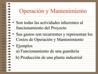 Operación y Mantenimiento
• Son todas las actividades inherentes al
  funcionamiento del Proyecto
• Sus gastos son recurrentes y representan los
  Costos de Operación y Mantenimiento
• Ejemplos
  a) Funcionamiento de una guardería
  b) Producción de una planta industrial
 