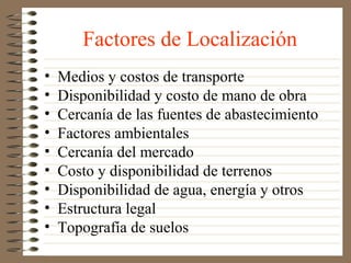 Factores de Localización
•   Medios y costos de transporte
•   Disponibilidad y costo de mano de obra
•   Cercanía de las fuentes de abastecimiento
•   Factores ambientales
•   Cercanía del mercado
•   Costo y disponibilidad de terrenos
•   Disponibilidad de agua, energía y otros
•   Estructura legal
•   Topografía de suelos
 